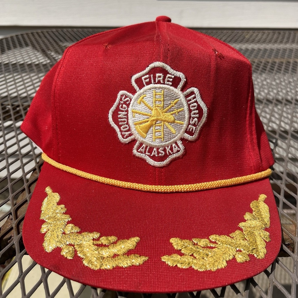 Vintage Young's Fire House Alaska Hat Red Firefighter Cap SnapBack Made In USA‎